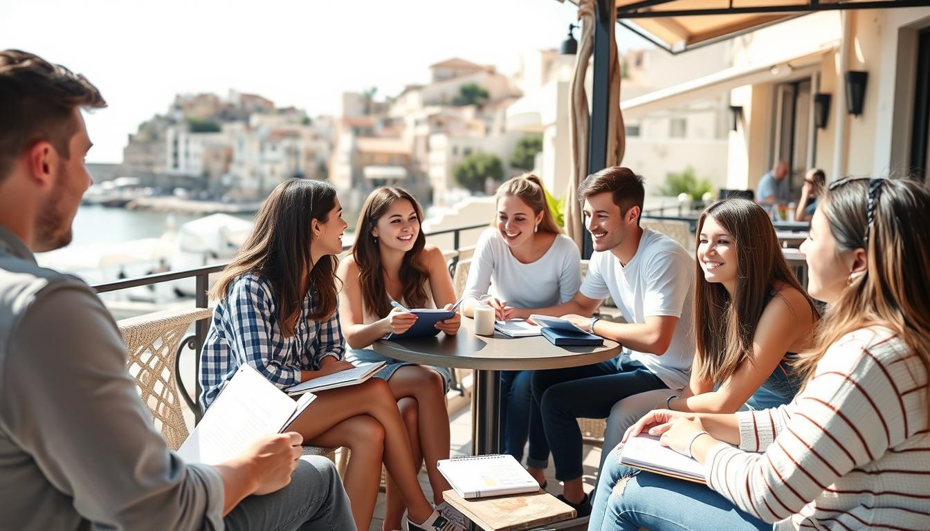 Internationale Studenten lernen gemeinsam während einer günstigen Sprachreise