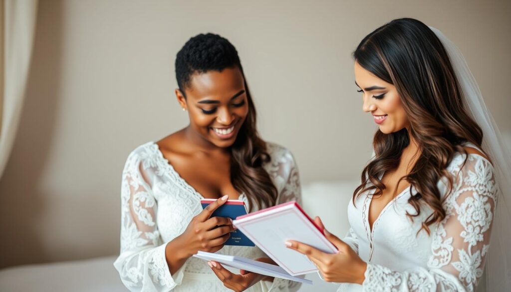 Internationales Paar bei den Vorbereitungen für ihre Hochzeit Seychellen feiern