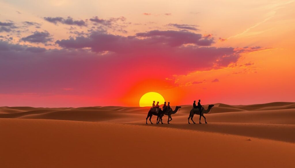 Kamelkarawane in der Wüste bei Sonnenuntergang, Ägypten