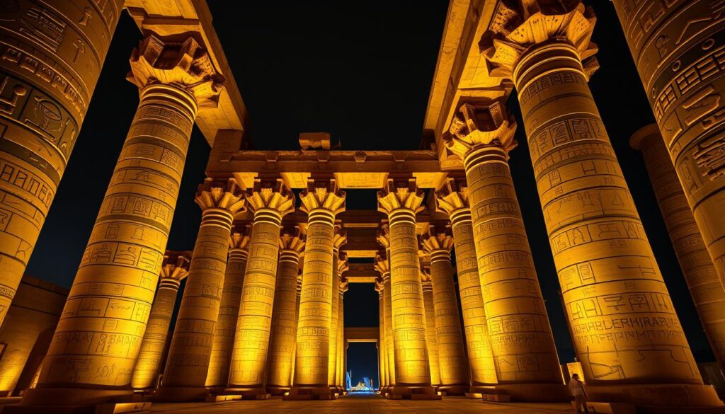 Karnak-Tempel in Luxor, Ägypten, mit imposanten Säulen und Hieroglyphen