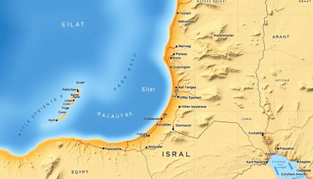 Karte von Eilat mit seiner Lage am Roten Meer zwischen Ägypten und Jordanien für Urlaub Eilat