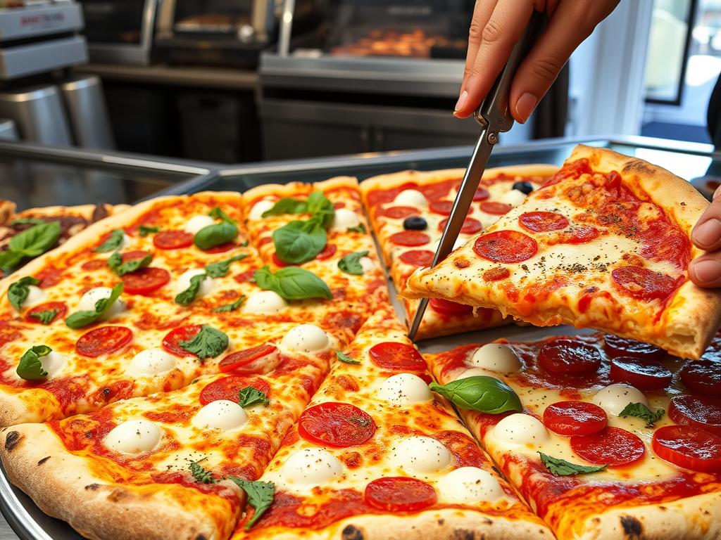 Knusprige römische Pizza al Taglio mit verschiedenen Belägen für eine Städtereise Rom