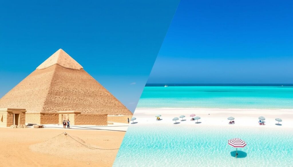 Kombination aus Pyramiden in Kairo und Strand am Roten Meer, Ägypten