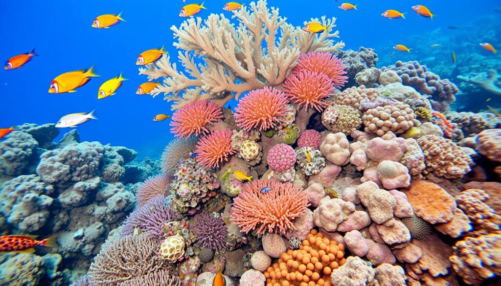 Korallenriff mit bunten Fischen beim Tauchen in Sharm El-Sheikh, Ägypten