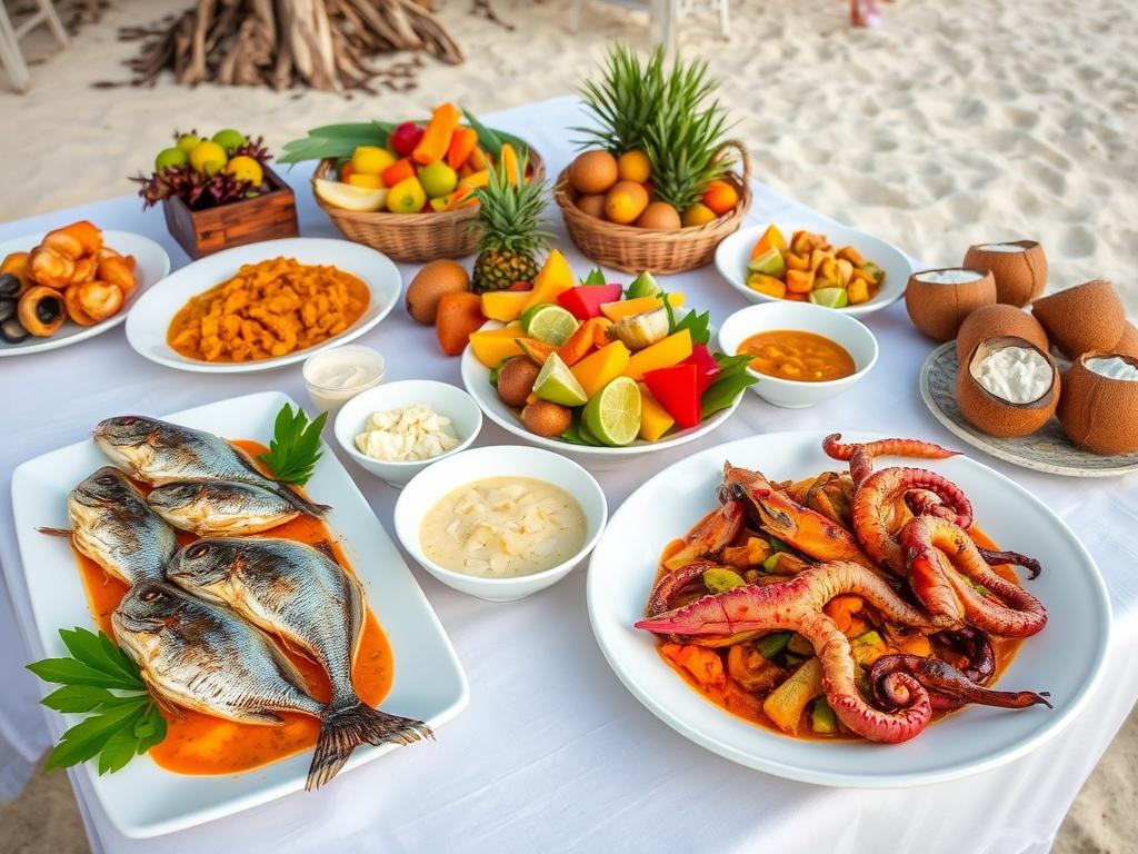 Kreolisches Hochzeitsessen mit frischen Meeresfrüchten