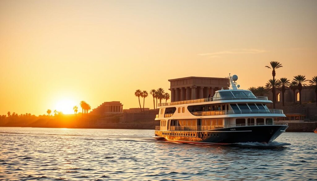 Kreuzfahrtschiff auf dem Nil mit Tempelanlagen im Hintergrund, Ägypten