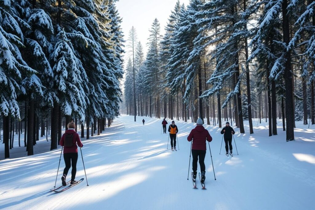 Langläufer auf einer präparierten Loipe im Böhmerwald - Winterurlaub Tschechien