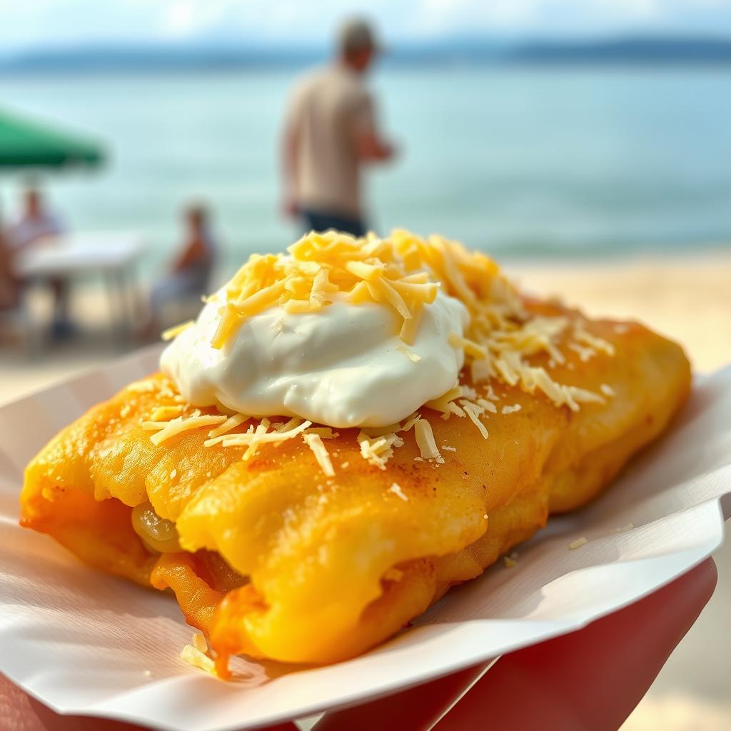 Lángos mit Sauerrahm und Käse - beliebter Snack während eines Urlaub Plattensee