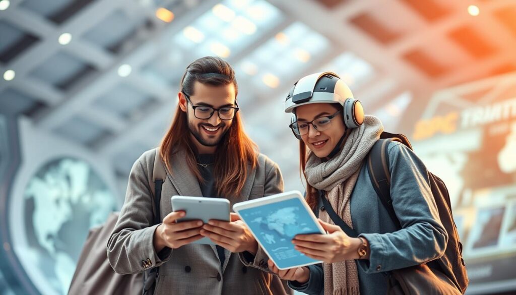 Moderne Reisende mit digitalen Tools und nachhaltigen Reiseoptionen - Bye Bye Pauschalreisen Erfahrung