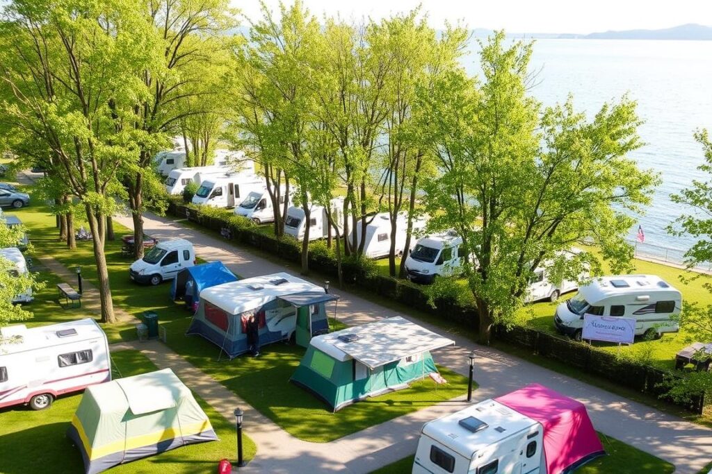 Moderner Campingplatz am Plattensee mit Zelten und Wohnmobilen