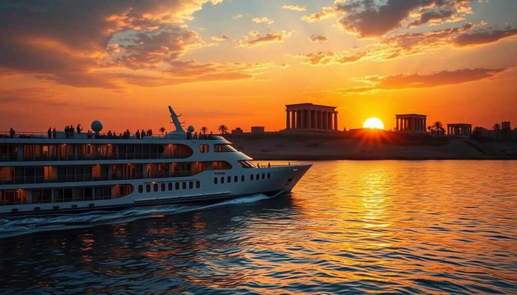 Nilkreuzfahrtschiff vor einem ägyptischen Tempel bei Sonnenuntergang