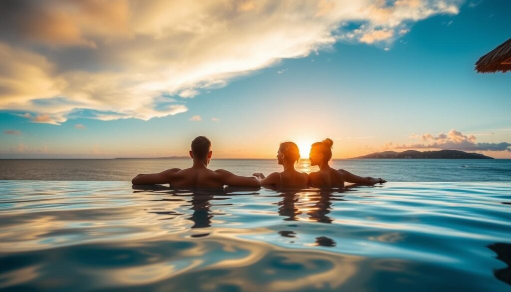 Paar genießt Flitterwochen nach ihrer Hochzeit Seychellen feiern