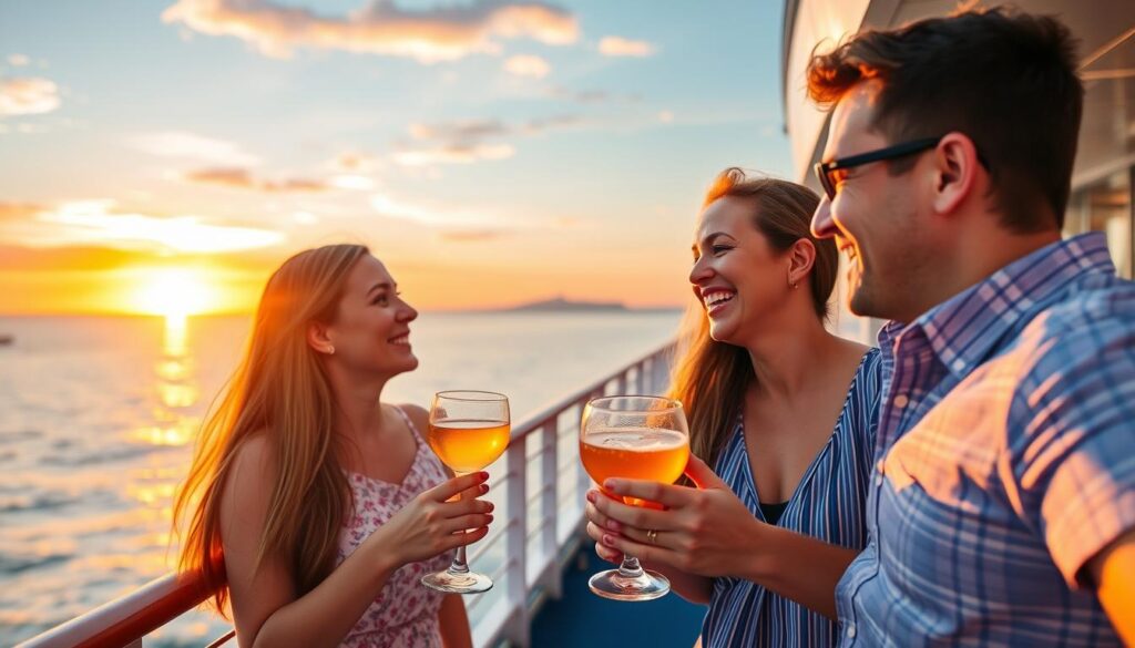 Paar genießt Restplatzreisen Kreuzfahrten mit Sonnenuntergang