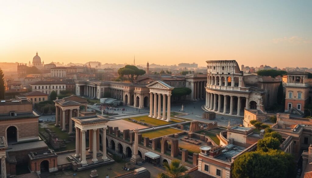 Panoramablick auf das Forum Romanum und das Kolosseum während einer Städtereise Rom