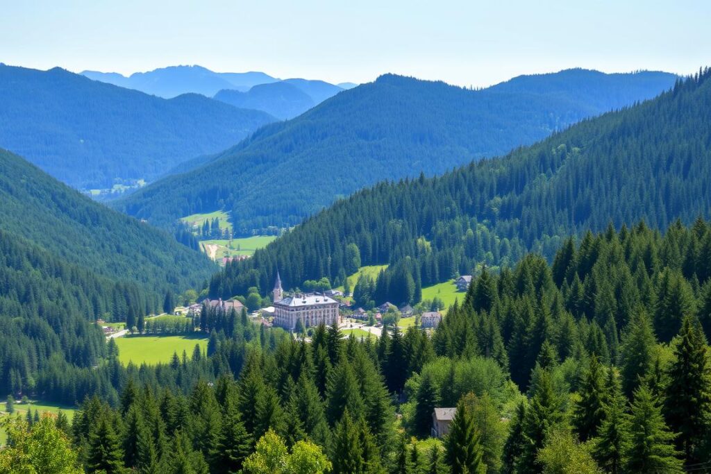 Panoramablick auf das Waldachtal mit Hotel Bel Vital im Vordergrund