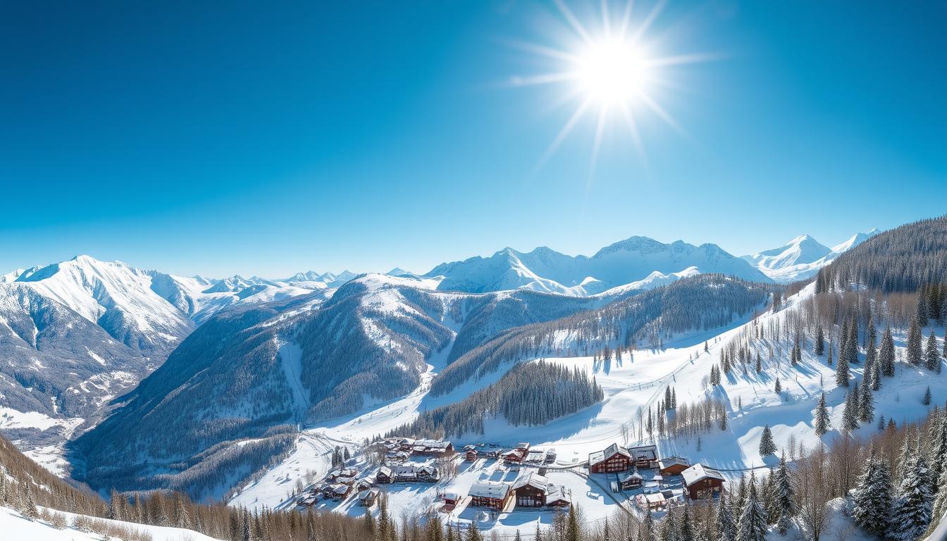 Panoramablick auf verschneite österreichische Alpen mit Skigebiet Skireise Österreich