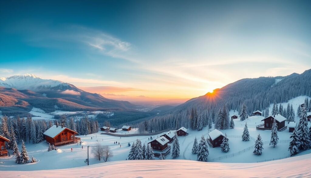 Panoramablick über verschneite tschechische Winterlandschaft mit Skigebiet und traditionellen Dörfern - Winterurlaub Tschechien