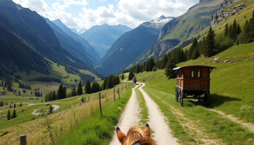 Panoramaroute einer Kutschfahrt im Kleinwalsertal mit Bergblick