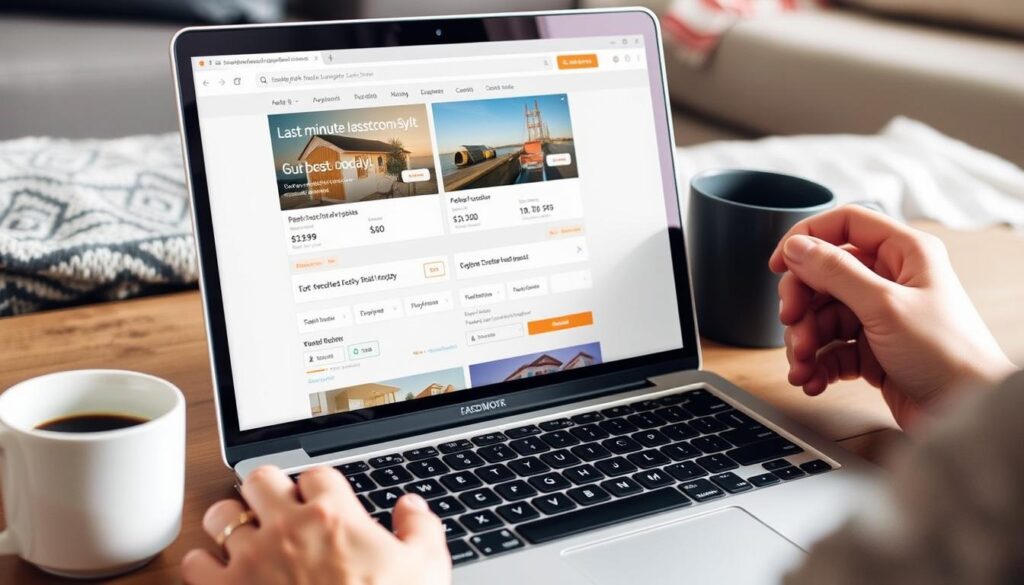 Person bucht Sylt Last Minute Reisen am Laptop mit Kaffee