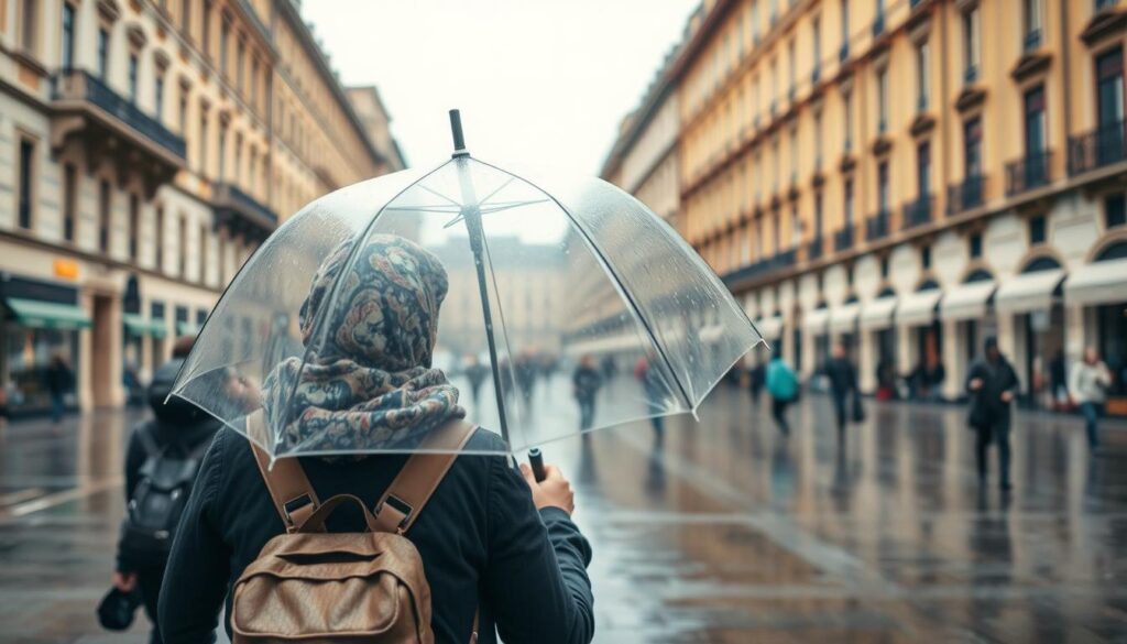 Person mit Regenschirm in einer europäischen Stadt während einer Tagesflugreise
