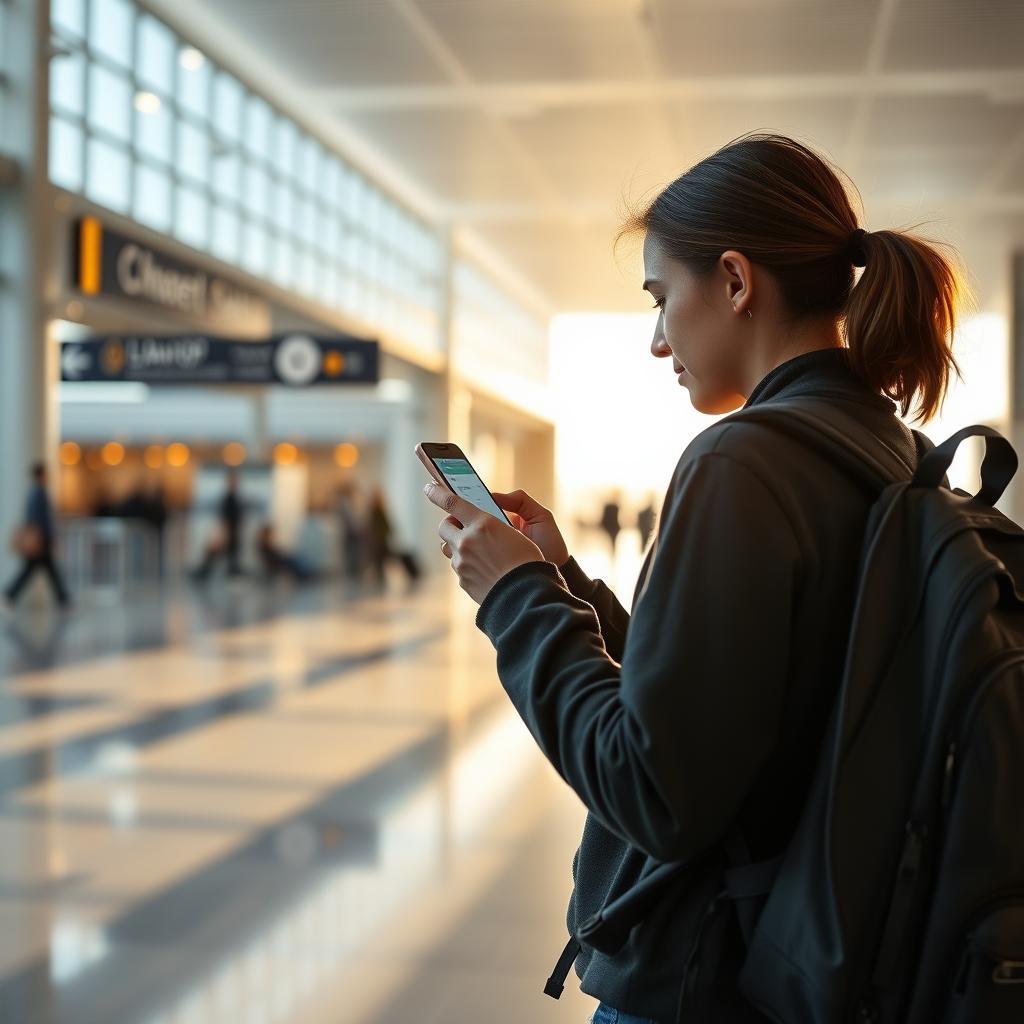 Person mit kleinem Rucksack am Flughafen für günstige Tagesflugreisen