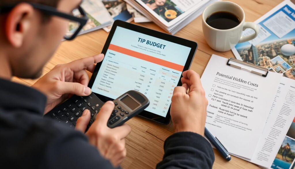 Person überprüft Budget für günstige Sprachreise und achtet auf versteckte Kosten