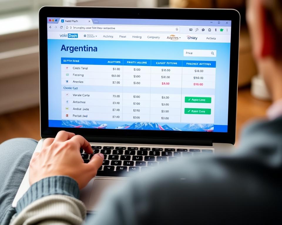 Person vergleicht Preise für Flugticket nach Argentinien am Laptop Person vergleicht Preise für Flugticket nach Argentinien am Laptop