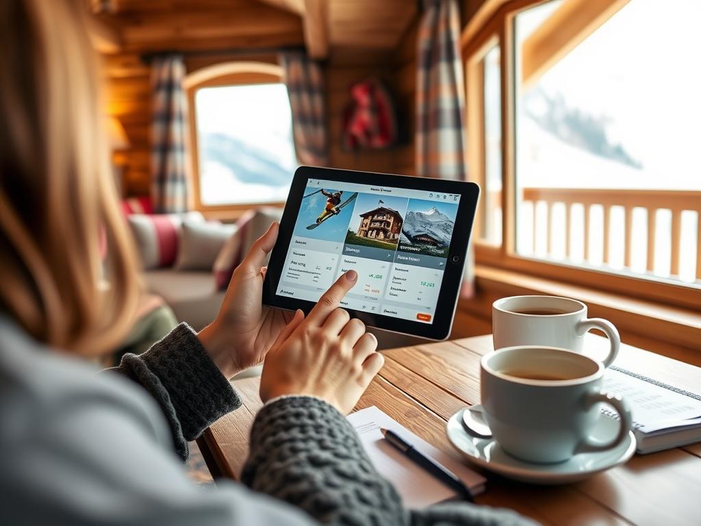 Person vergleicht Preise für Skireise Österreich auf Tablet
