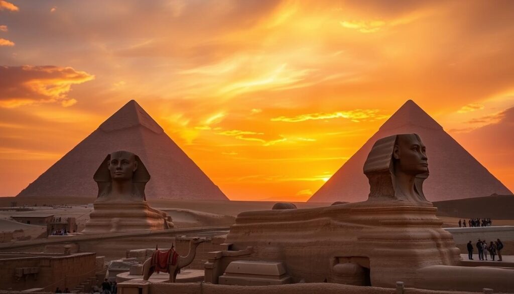 Pyramiden von Gizeh mit der Sphinx im Vordergrund bei Sonnenuntergang in Kairo, Ägypten