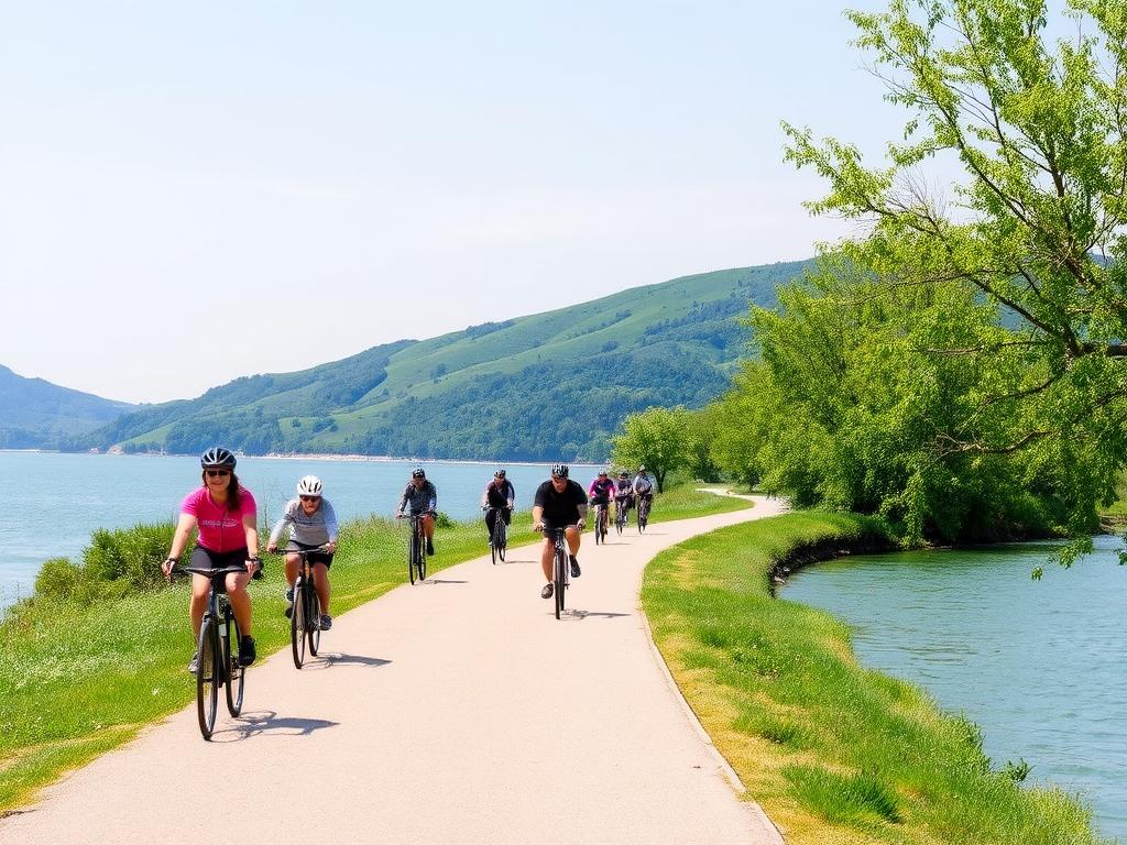 Radfahrer auf dem Balaton-Radweg während eines aktiven Urlaub Plattensee