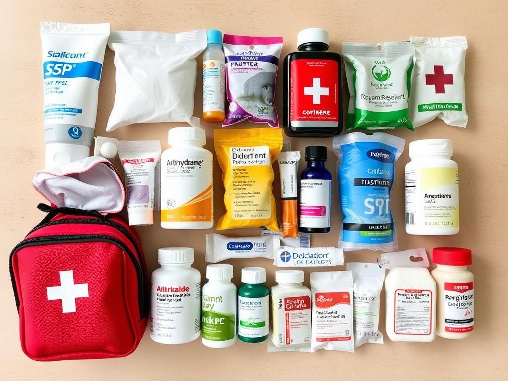 Reiseapotheke mit Sonnenschutz und Medikamenten für Ägypten