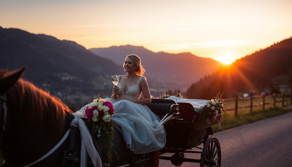 Romantische Kutschfahrt im Kleinwalsertal bei Sonnenuntergang