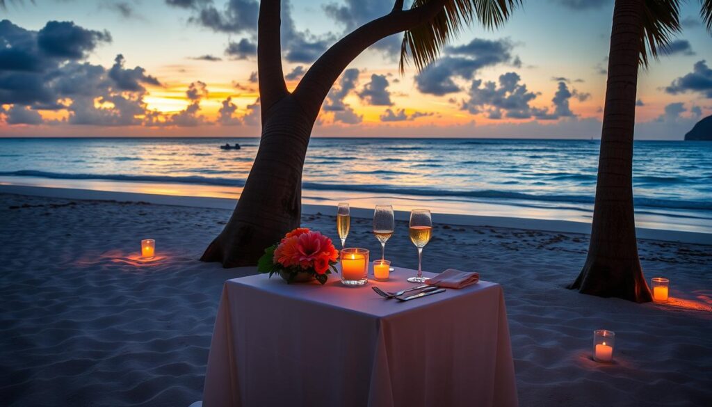 Romantisches Dinner am Strand bei Sonnenuntergang auf den Seychellen