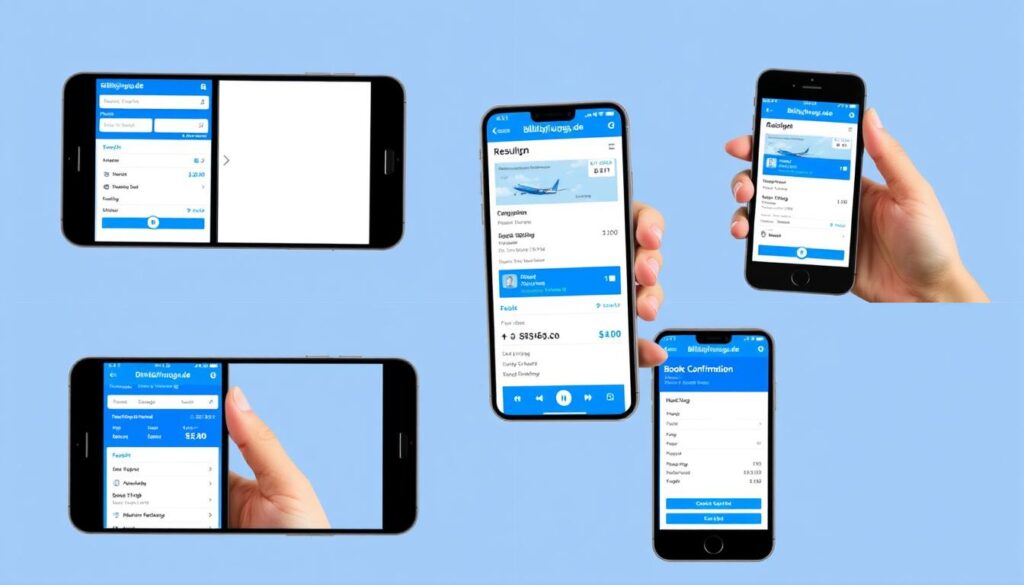 Screenshots der billigflug.de App auf verschiedenen Smartphones