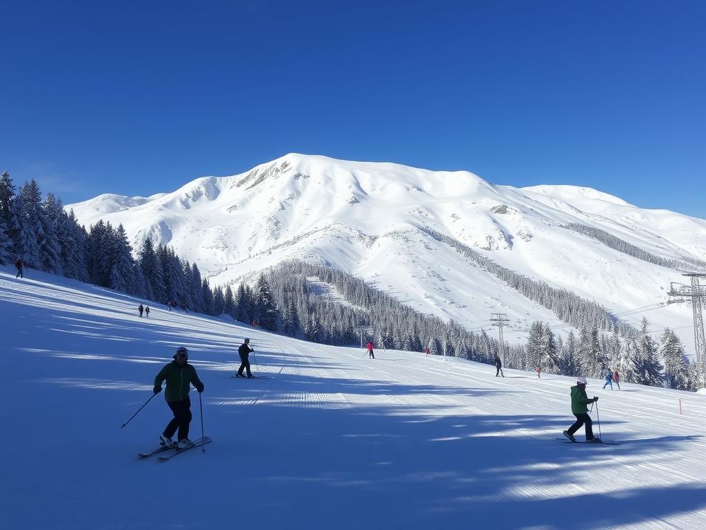 Skifahrer auf den Pisten von Pec pod Snezkou mit Blick auf die Schneekoppe im Hintergrund - Winterurlaub Tschechien