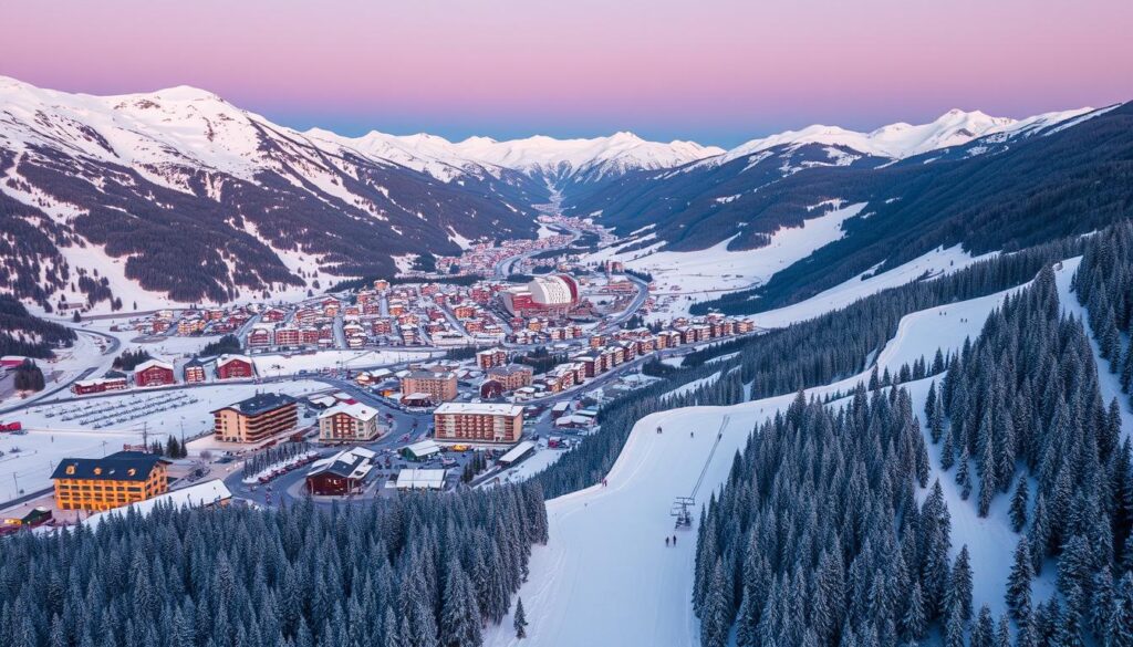Skigebiet Ischgl mit Blick auf das Dorf und die umliegenden Berge
