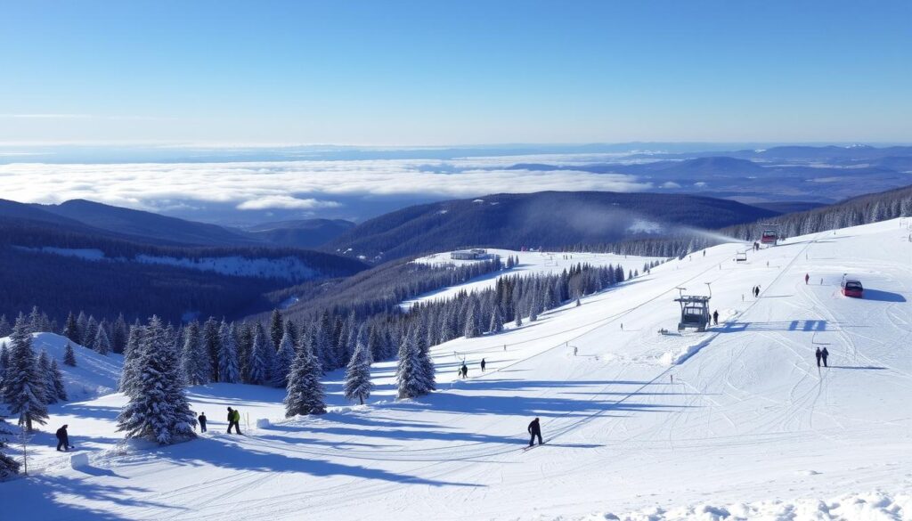 Skigebiet Klínovec im tschechischen Erzgebirge mit beschneiten Pisten und moderner Liftanlage - Winterurlaub Tschechien