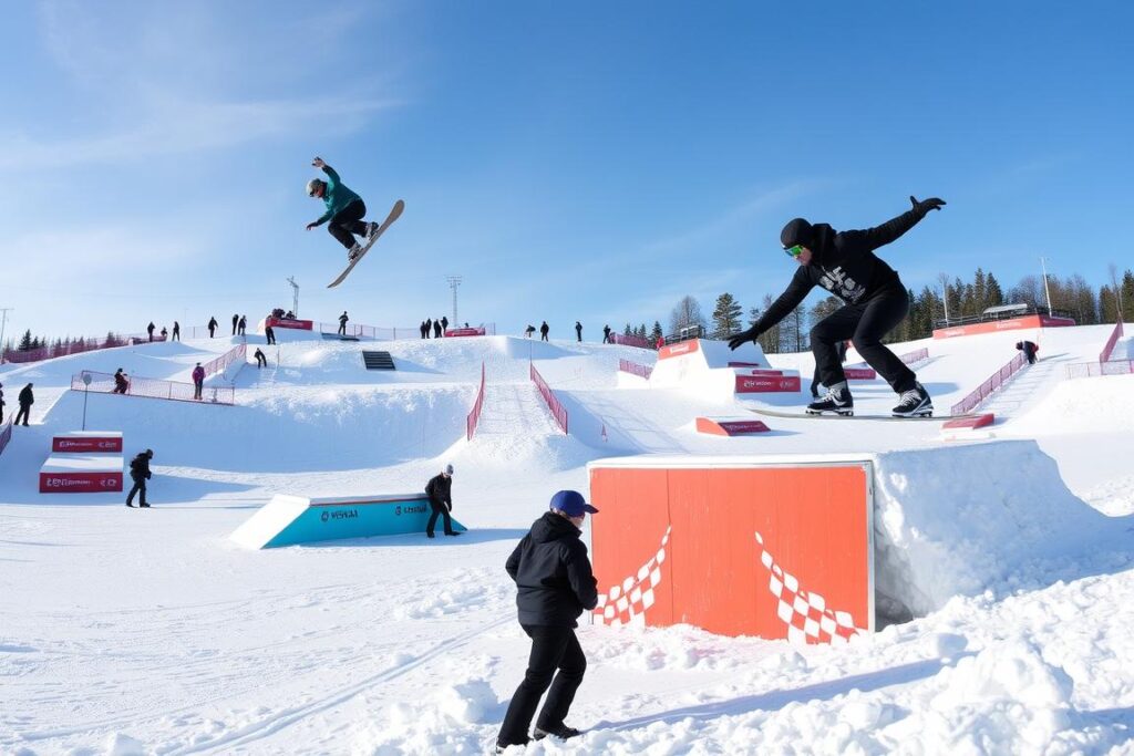 Snowboarder im Snowpark von Spindlermühle mit Sprüngen und Rails - Winterurlaub Tschechien