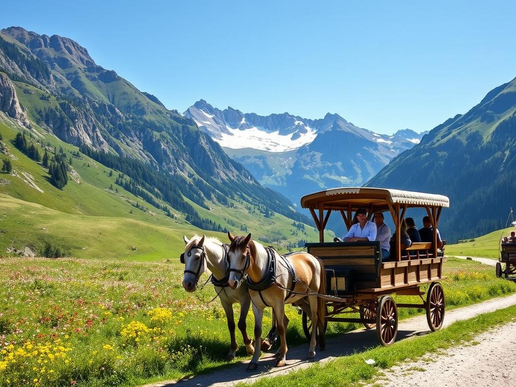 Sommerliche Kutschfahrt durch blühende Wiesen im Kleinwalsertal