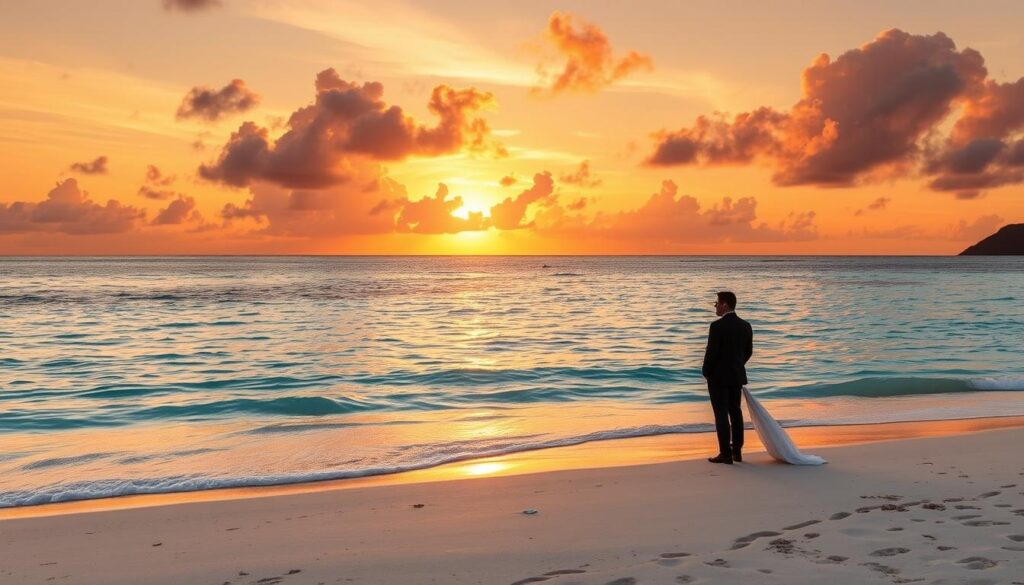 Sonnenuntergang am Strand der Seychellen während der idealen Hochzeitssaison