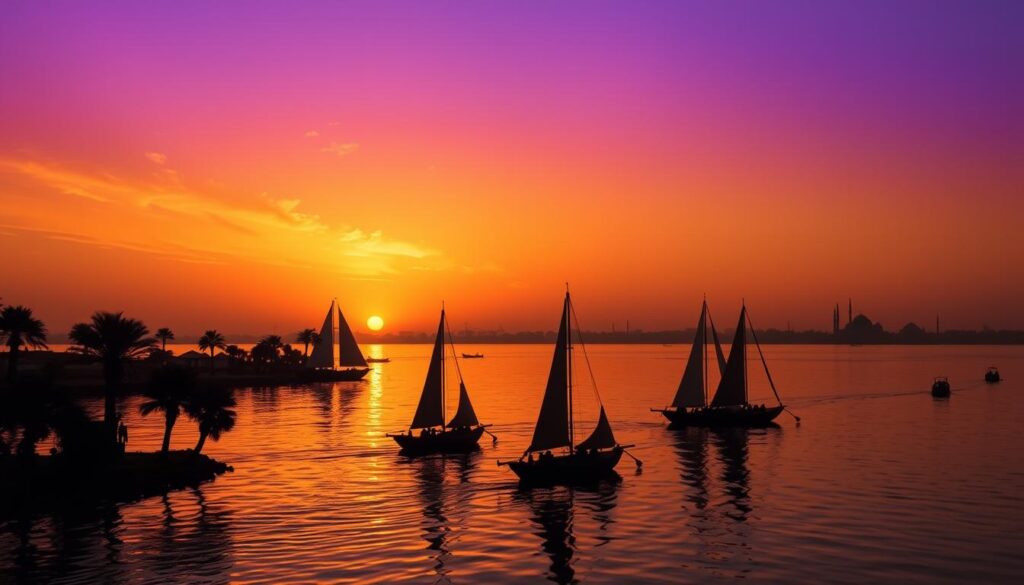 Sonnenuntergang über dem Nil mit Palmen und Segelbooten in Ägypten