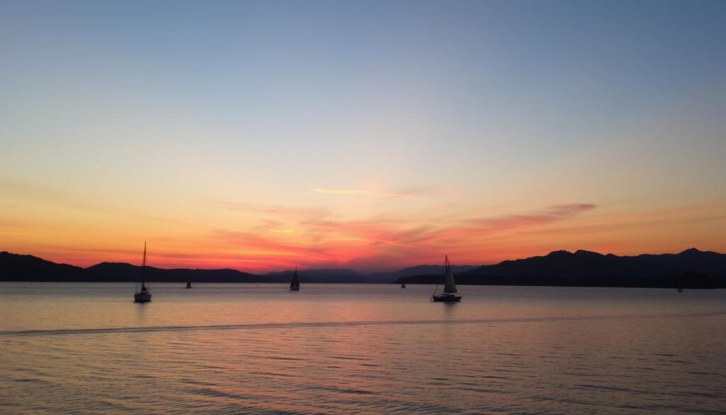 Sonnenuntergang über dem Plattensee mit Segelbooten - perfektes Ende eines Urlaubstages