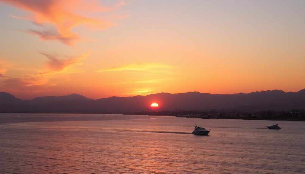 Sonnenuntergang über dem Roten Meer in Eilat mit Blick auf die Berge und das Wasser während eines Urlaub Eilat