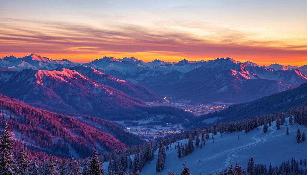 Sonnenuntergang über den verschneiten Tatra-Bergen mit Blick auf Zakopane - Zakopane Winterurlaub