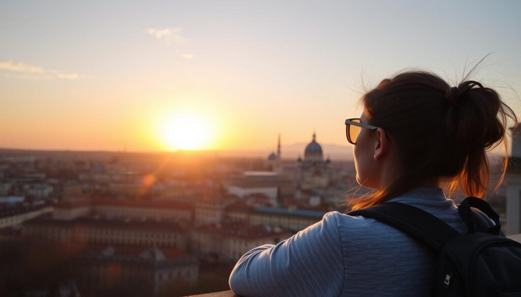 Sonnenuntergang über europäischer Stadt während einer günstigen Tagesflugreise