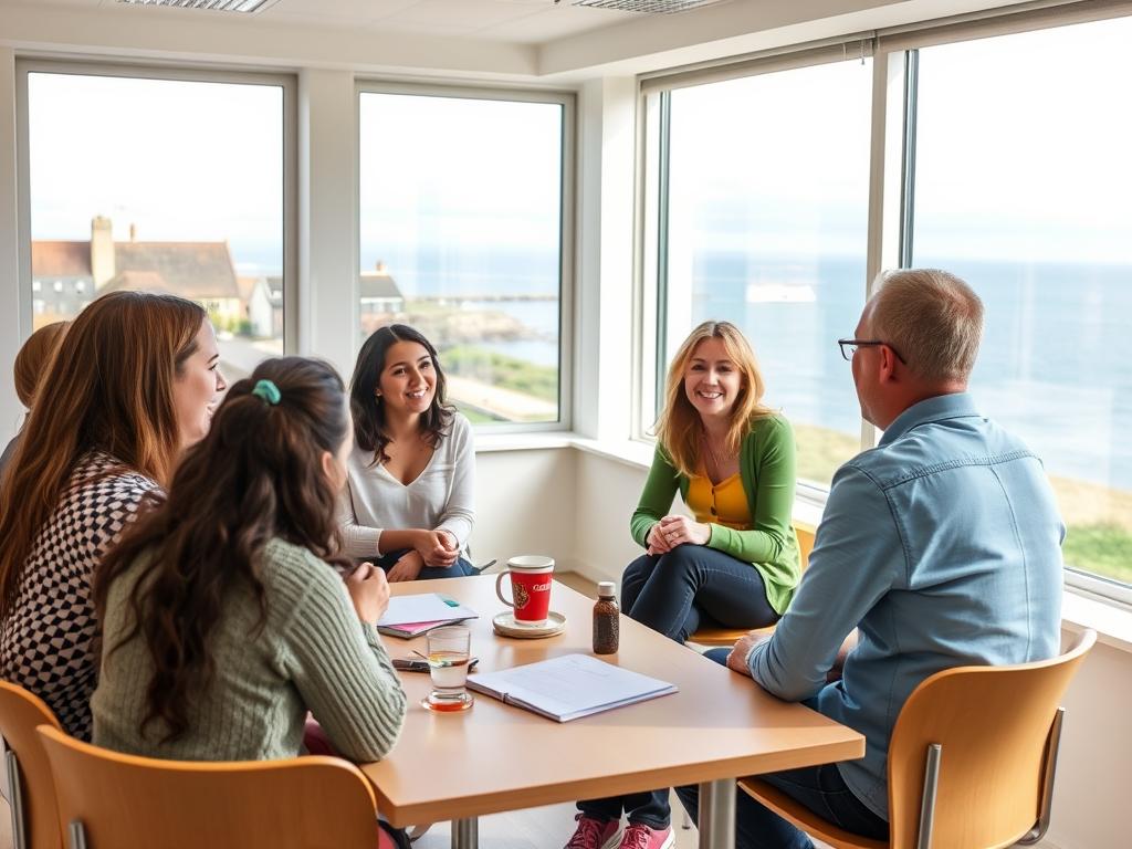 Sprachschüler beim Englischunterricht in Cornwall mit Meerblick