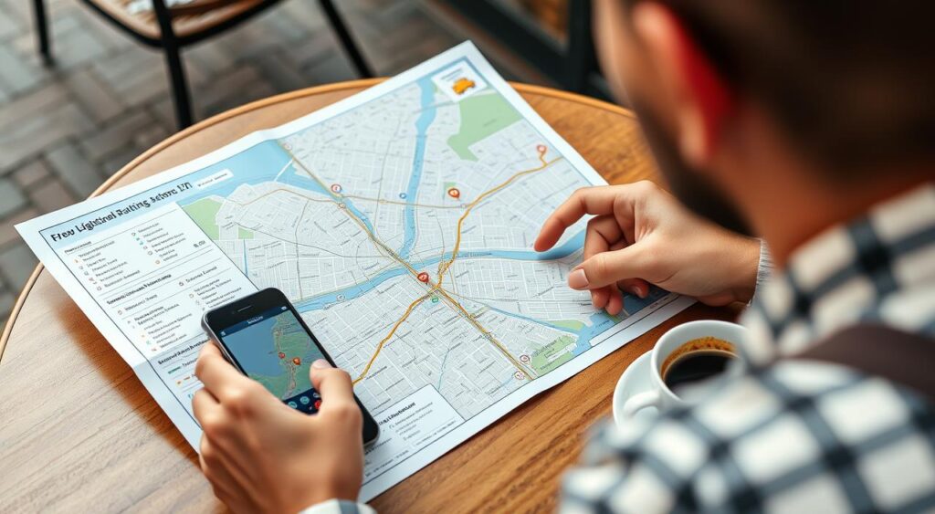 Stadtplan mit markierten Sehenswürdigkeiten für günstige Tagesflugreisen