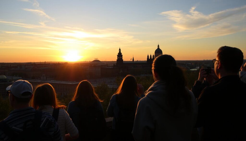 Städtereisende genießen den Sonnenuntergang über einer deutschen Stadt - sonnenklar Städtereisen Deutschland Erfahrung