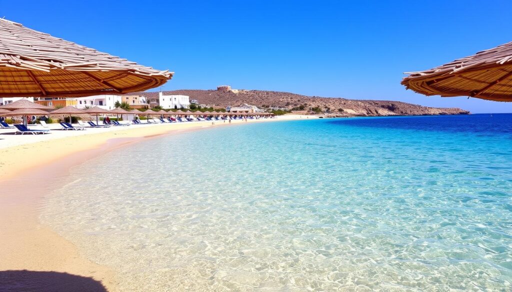 Strand von Mykonos mit klarem türkisblauem Wasser - Expedia Reisen Griechenland