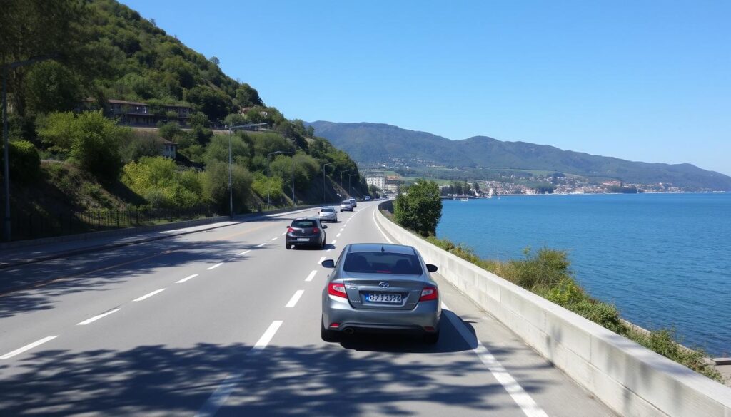 Straße entlang des Plattensees mit Blick auf das Wasser - Anreise mit dem Auto
